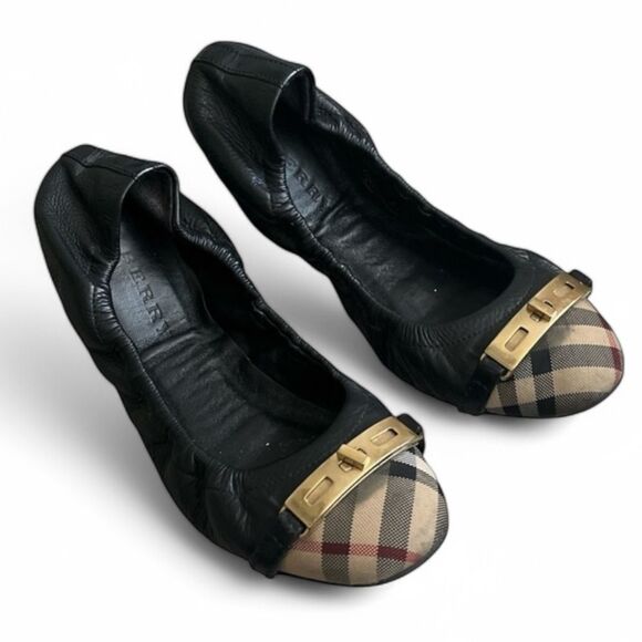 Burberry black leather flats sz 36 1/2 plaid - Picture 1 of 17
